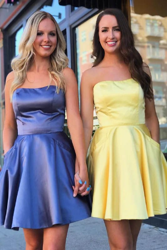 Best Deals Strapless A-Line Purple Homecoming Dress with Pockets