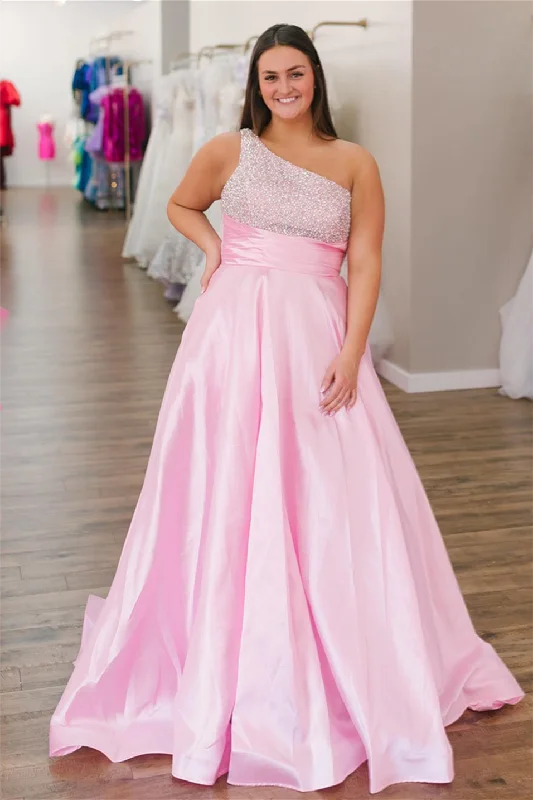 Seasonal Sale Pink One Shoulder Beaded Top Empire Satin Long Prom Dress