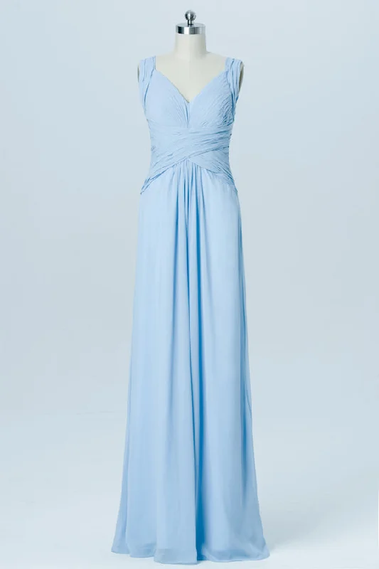 Deal of the Week Modest Pleated Straps Backless Light Blue Bridesmaid Dress