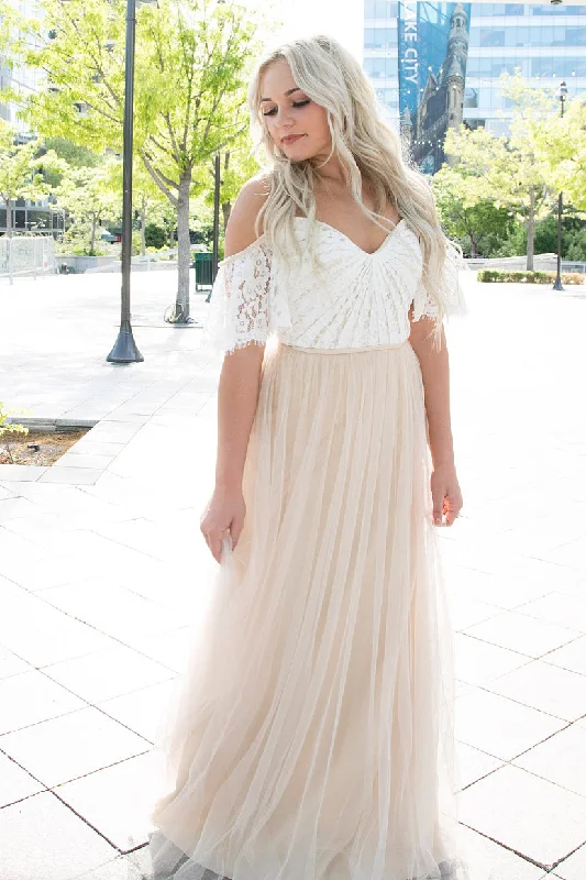 Don't Wait Long A-line Cold Sleeves White and Beige Wedding Dress