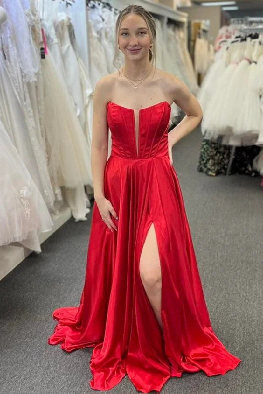 New Arrival Plunging Neck Red Satin Slit Long Formal Dress with Bow