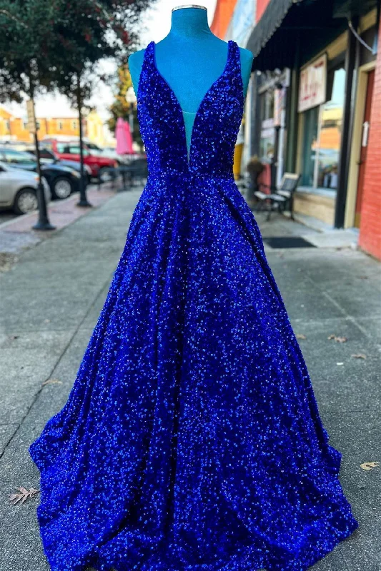 Fantastic Offers Royal Blue V Neck Lace-Up Back Sequins Long Prom Dress