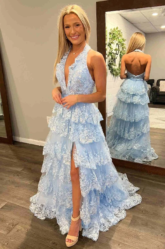 Reduced Prices Light Blue Halter Ruffle Long Formal Dress with Appliques