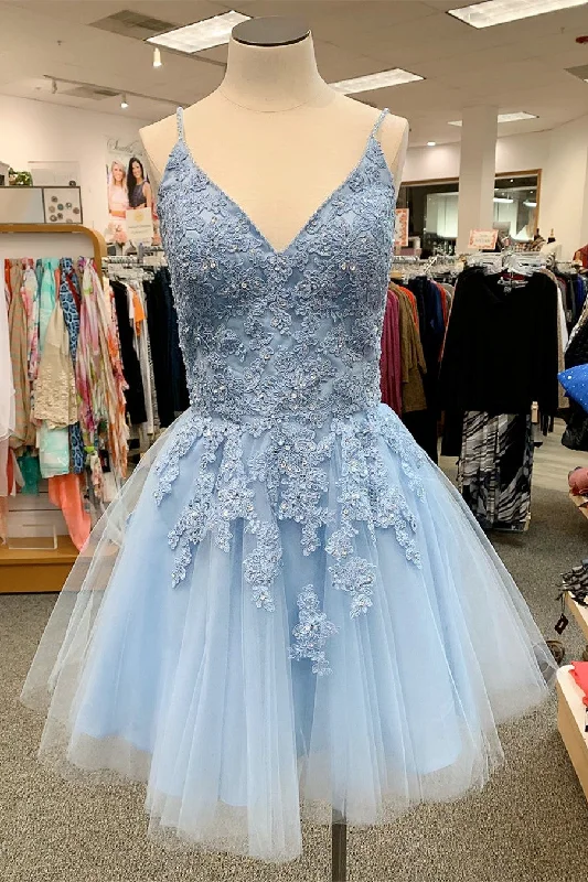 Closeout V Neck Short Sky Blue Homecoming Dress
