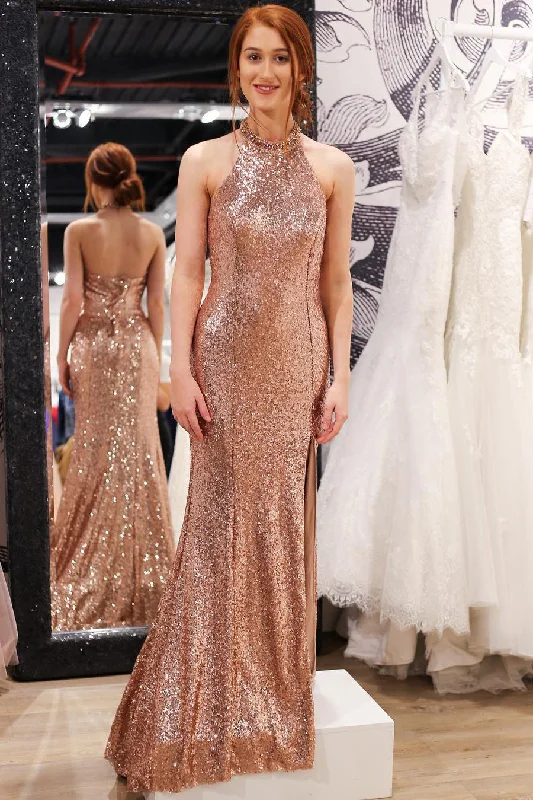 The Best Prices Elegant Mermaid Halter Rose Gold Evening Gown with Slit
