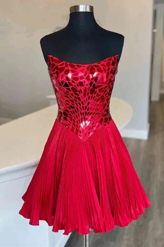 Today’s Deal Strapless A-Line Red Cut Mirror Sequins Short Homecoming Dress