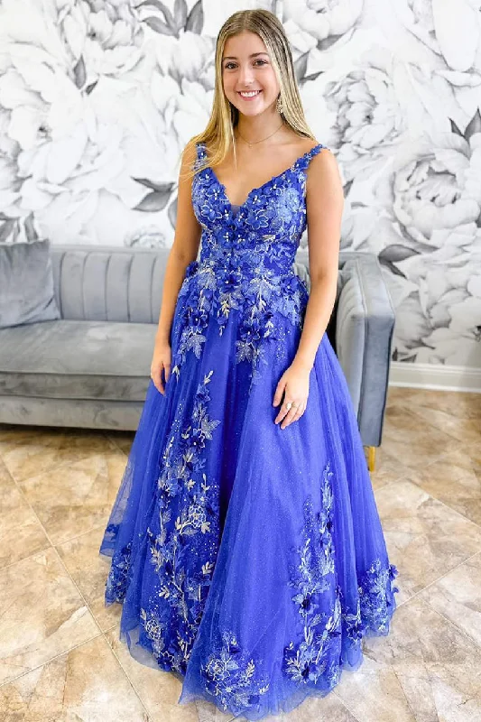 Lowest Prices Periwinkle V-Neck Floral Embroidery A-Line Long Prom Dress