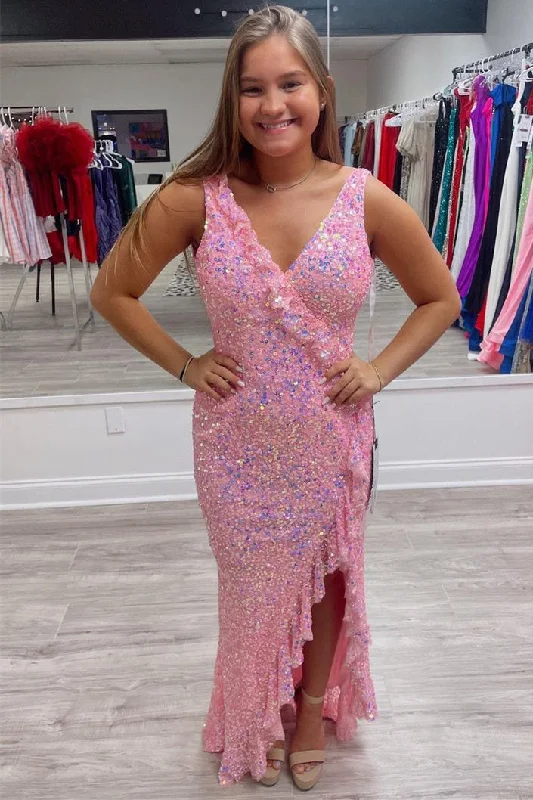 Sale Event Iridescent Pink Ruffled V-Neck Sequin Long Party Dress