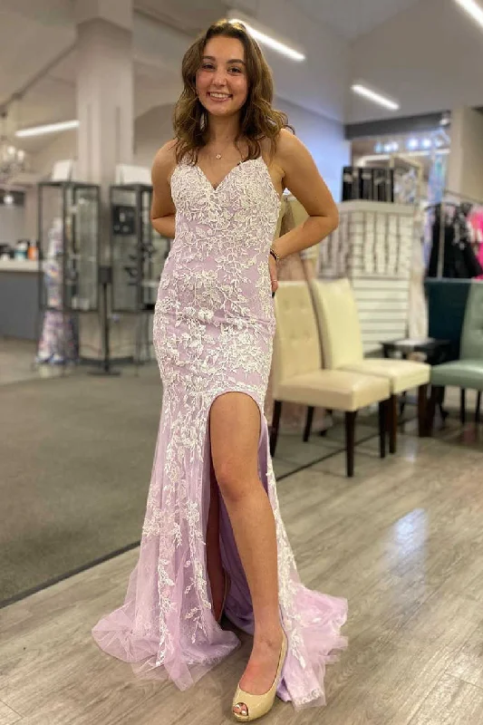 Factory Direct Sale Elegant Lilac Mermaid Prom Dress with Lace Appliques