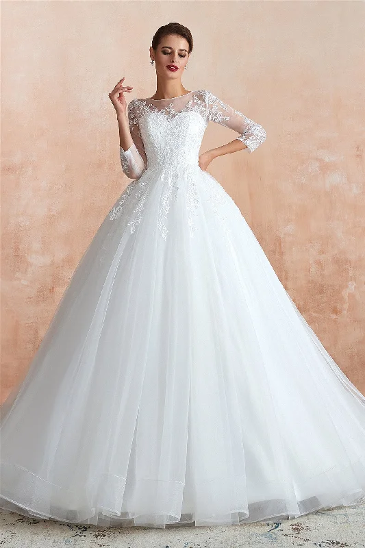Bonus Savings Princess 3/4 Sleeves Long A-line White Wedding Dress with Lace