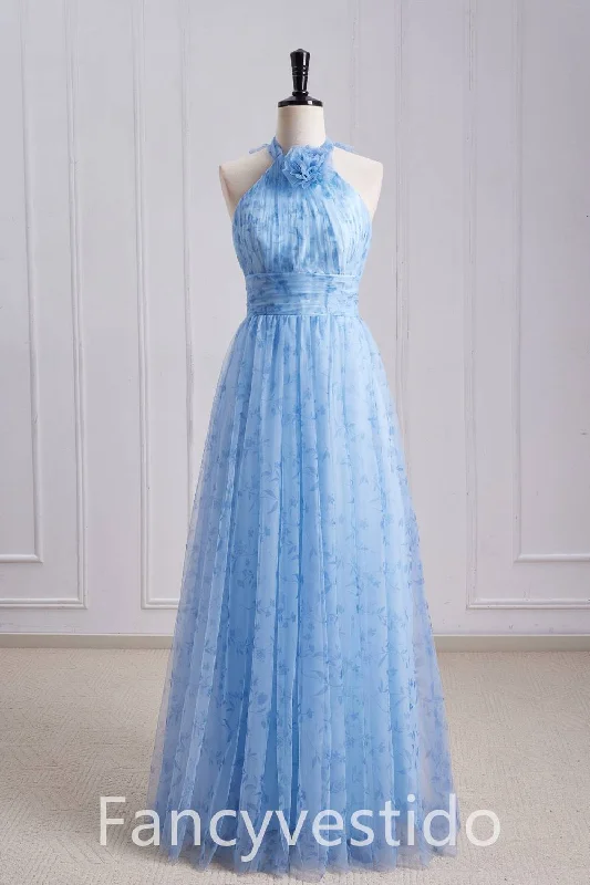 Online Specials Halter Blue Floral Print A-Line Maxi Dress with Rosette