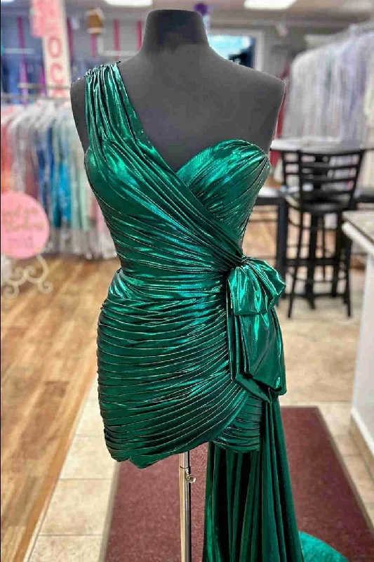 Factory Direct Sale Metallic Green One Shoulder Stretch Ruched Short Homecoming Dress