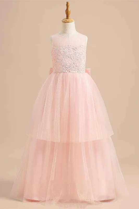 Incredible Offers Pink Crew Neck Lace Top Layered Tulle Flower Girl Dress