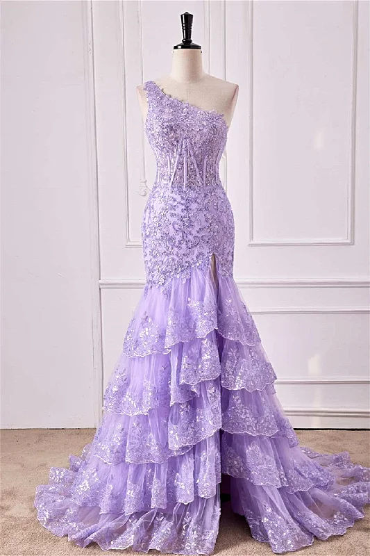 Savings Event Mermaid One Shoulder Lavender Sequin Appliques Ruffle Prom Dress