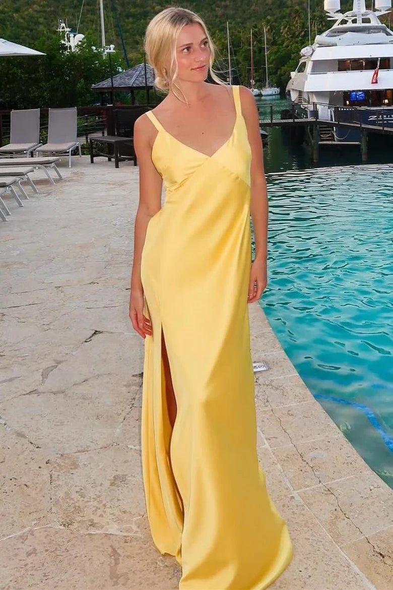 Price Drop Yellow Straps V-Neck Slit Maxi Bridesmaid Dress with Lace-up