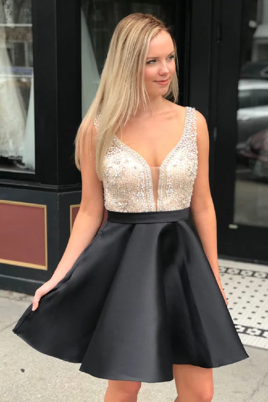 Fantastic Offers V-Back Beading Short Black Homecoming Dress