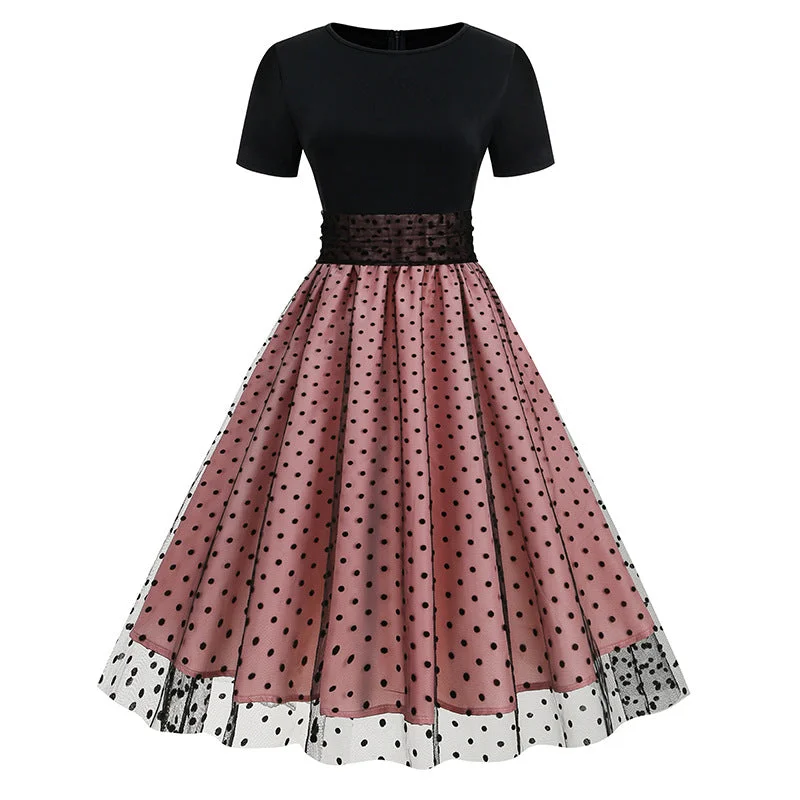TIME-Limited Offer Crew Neck Polka Dot 1950s Dress with Short Sleeves
