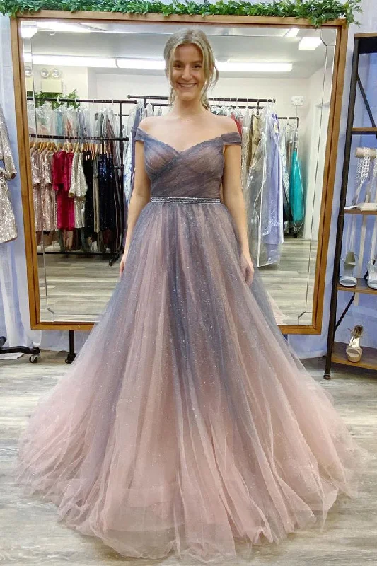 Super Deal Elegant A-Line Off the Shoulder Ombre Long Prom Dress