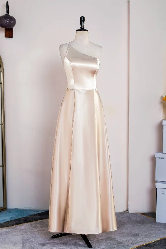 Great Deals Champagne One Shoulder Satin Midi Bridesmaid Dress