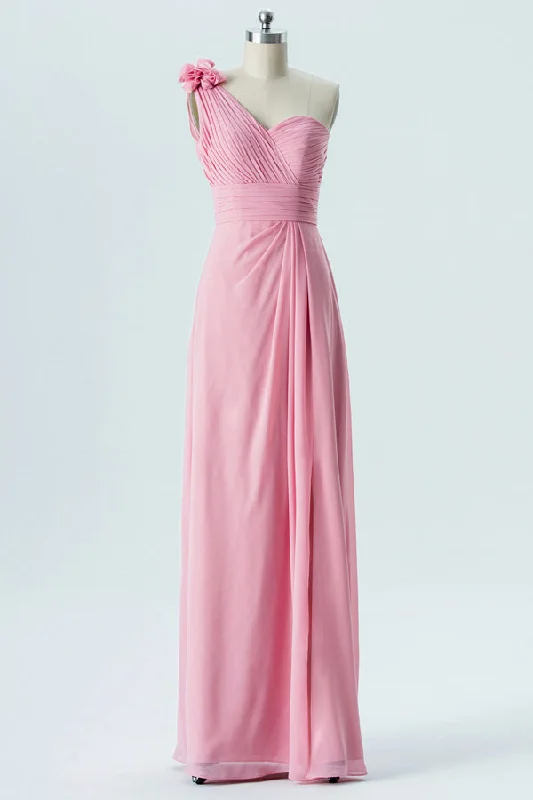Overstock One Shoulder Pink Pleated Bridesmaid Dresss