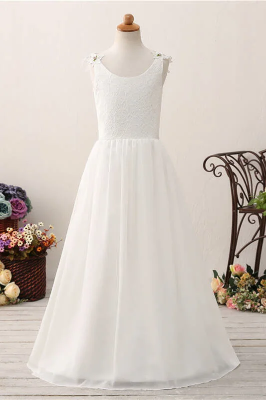 Inventory Reduction Princess White Chiffon Flower Girl Dress with Lace Top
