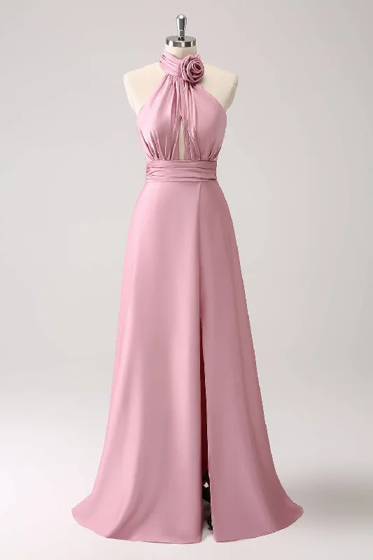 Today’s Deal Halter Blush Pink Rosette Slit Maxi Dress