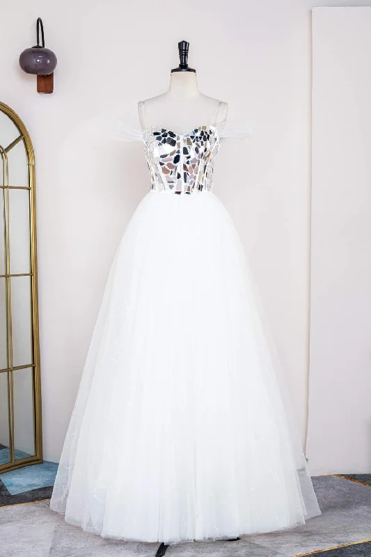 Final Sale White Off-the-Shoulder Cut Mirror Sequin A-Line Prom Dress