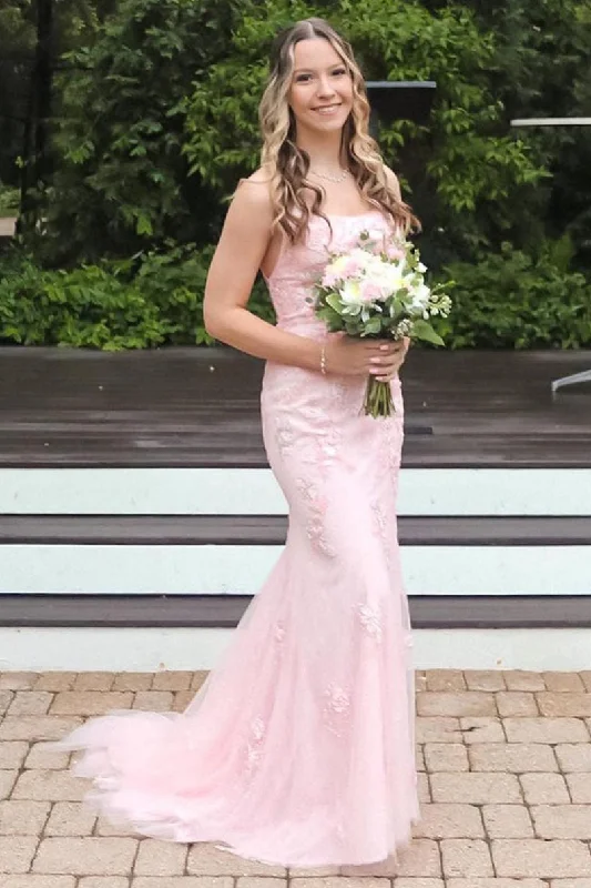 Exclusive Access Pink Straps Mermaid Long Prom Dress with Appliques