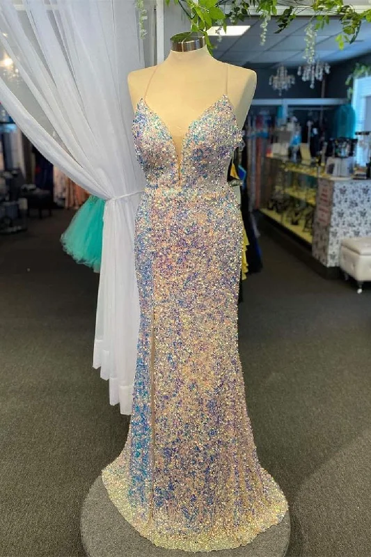 Stock Clearance Tie Back White Sequins Long Prom Dress
