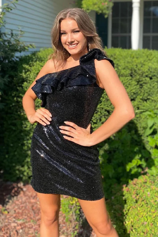 Blowout Sale Ruffle One Shoulder Black Sequins Bodycon Homecoming Dress
