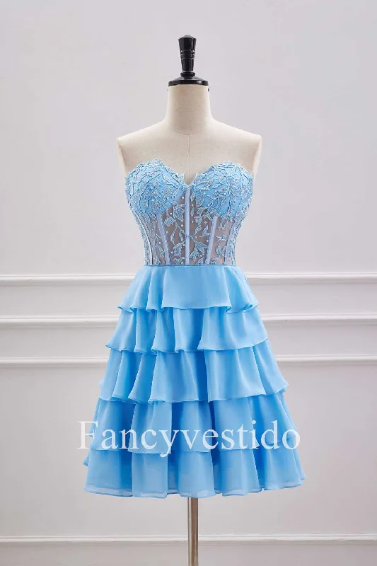 Super Savings Sweetheart Blue A-Line Tiered Short Homecoming Dress with Appliques