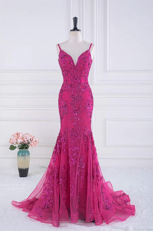 Savings Galore Magenta Straps V-Neck Sequin Appliques Mermaid Prom Dress