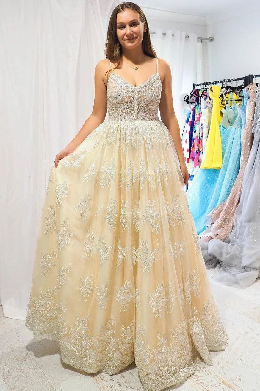 Referral Discount Elegant A-Line Open Back Straps Lace Champagne Long Prom Dress