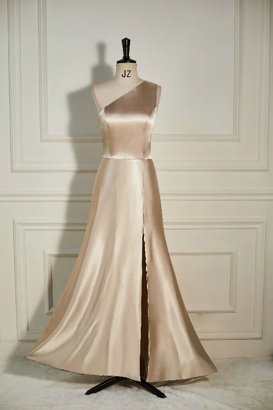 New Markdowns A-Line One Shoulder Champagne Slit Long Bridesmaid Dress