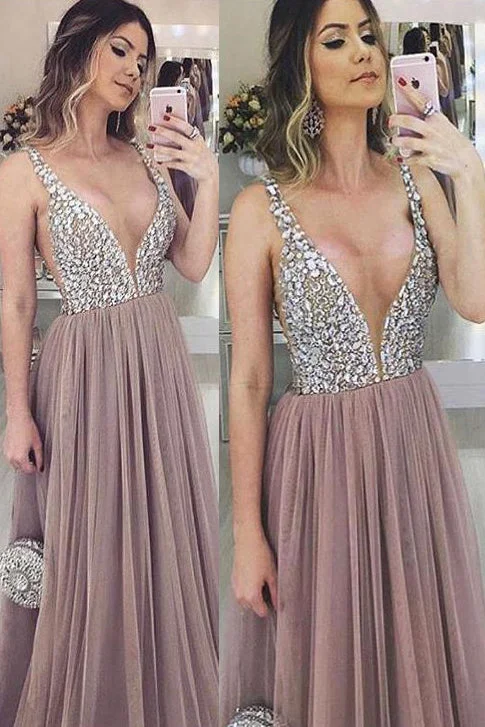 Big Discounts Simple V-Neck Beaded Floor Length Prom Dress