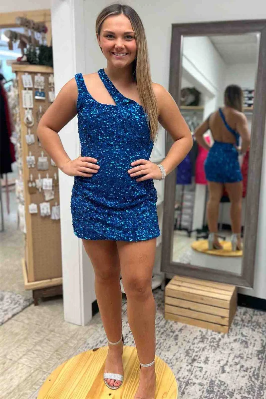 Daily Specials Backless One Shoulder Blue Sequins Mini Homecoming Dress
