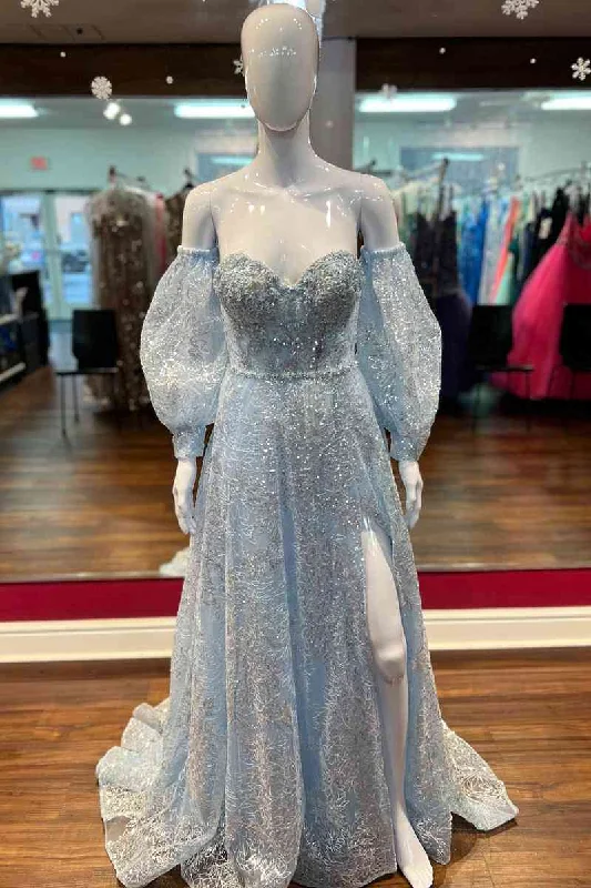 Epic Deals Princess Light Blue Glitters A-line Long Formal Dress with Puff Sleeves