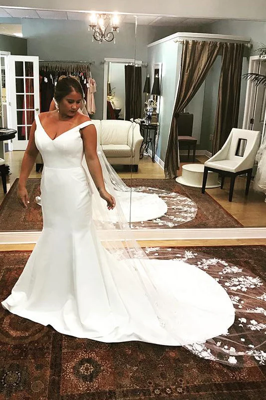 Crazy Deals Long Mermaid V-Neck White Wedding Dress with Train