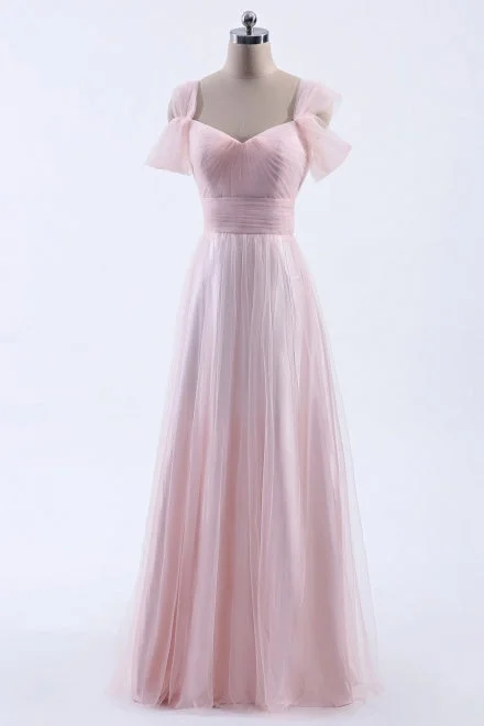 Hurry In Bakcless Pink Cold Shoulder Tulle Bridesmaid Dress