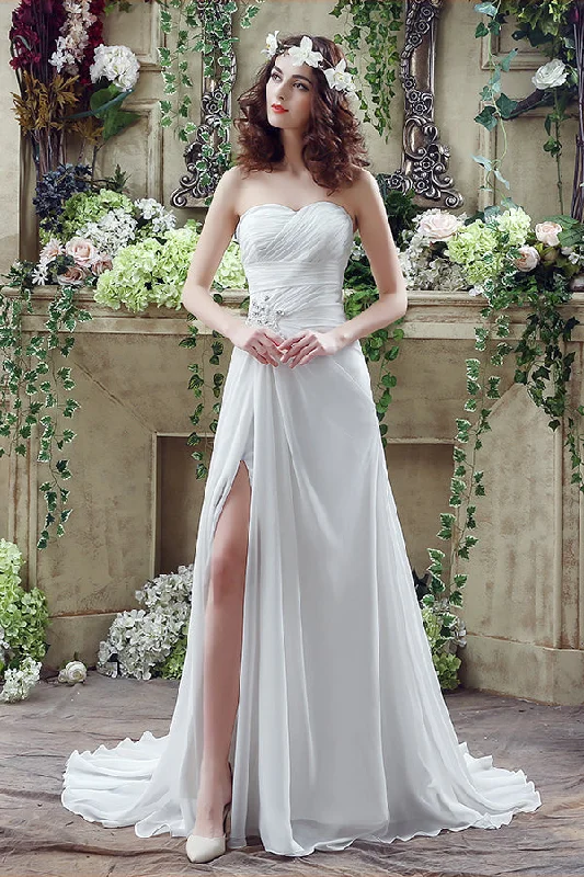 Instant Discount Long Sweetheart A-line White Chiffon Wedding Dress with Slit