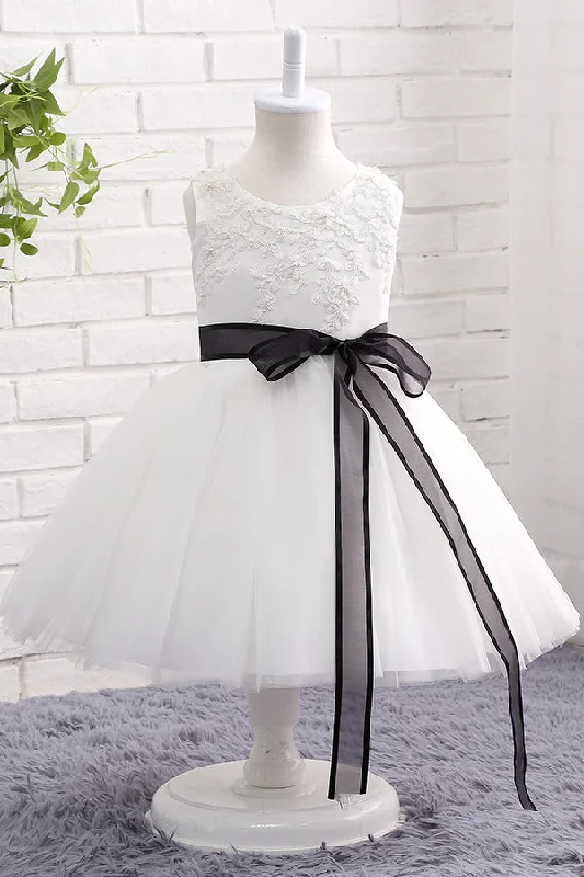 Get It Before It’s Gone Cute White Flower Girl Dress with Black Bowknot