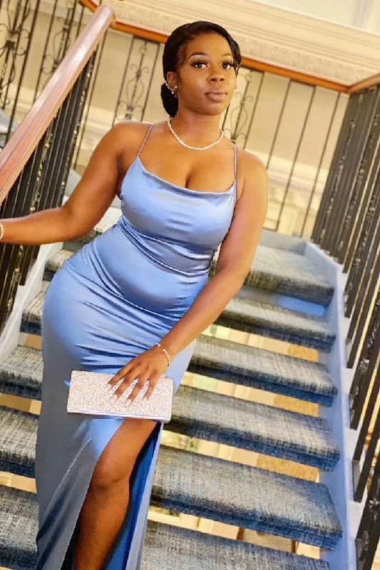 Price Buster Spaghetti Straps Fitted Blue Mermaid Prom Dress with Slit