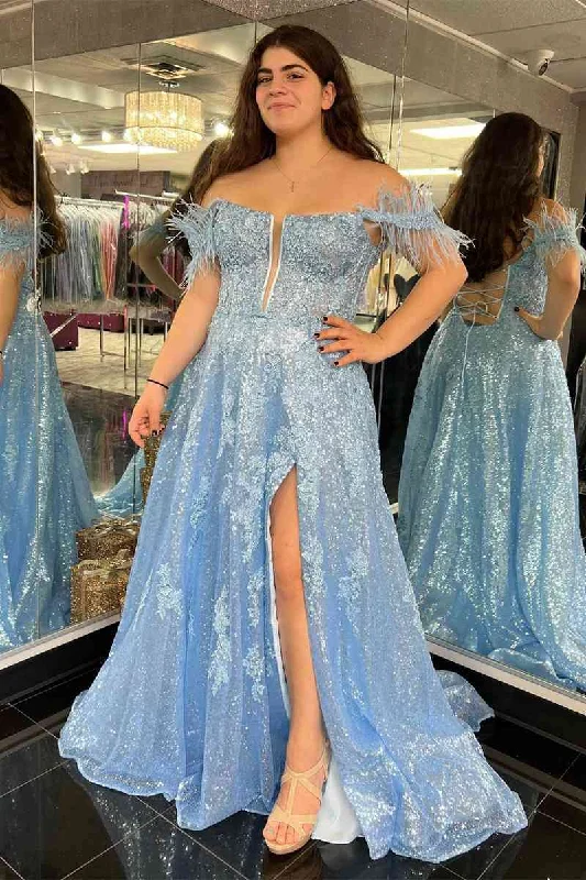 Markdown Madness Light Blue Cold Sleeves Long Formal Dress with Appliques