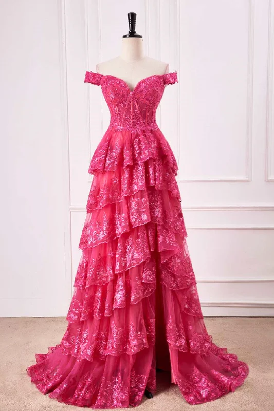 Price Buster Off the Shoulder Hot Pink Sequin Tiered Prom Dress with Slit