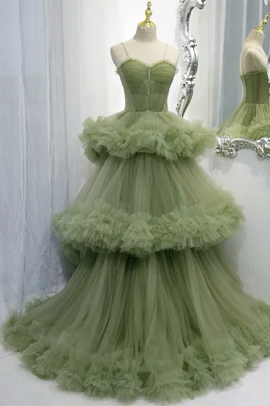 Midnight Sale Elegant Straps Pleated Green Tiered Tulle Formal Dress