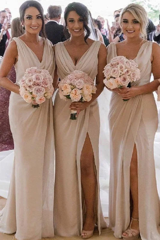 Price Cut Cowl Neck Mermaid Nude Bridesmaid Dress with Slit