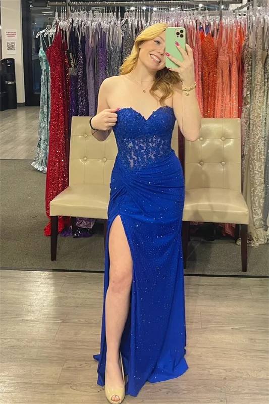 Closeout Sale Royal Blue Sweetheart Beaded Satin Long Prom Dress with Slit