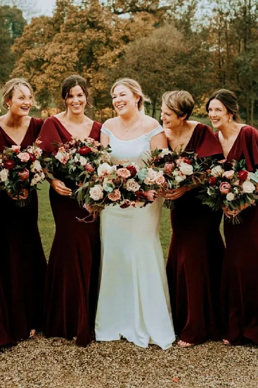 Deal of the Day V-Neck Mermaid Burgundy Long Bridesmaid Dress
