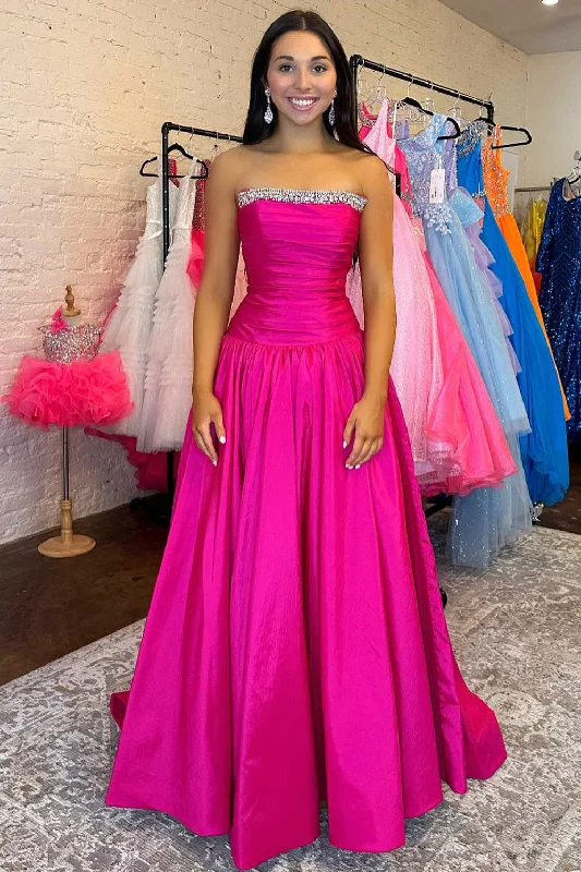 Deal Frenzy Strapless Fuchsia Beaded A-Line Long Prom Dresss