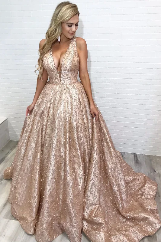 Lowest Prices Sparkly V Neck A-Line Empire Rose Gold Long Prom Dress